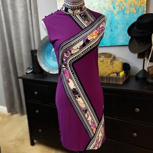 Roberto Cavalli Silk Dress 42 Purple Floral Baroque Italy Designer Sheath Y2K